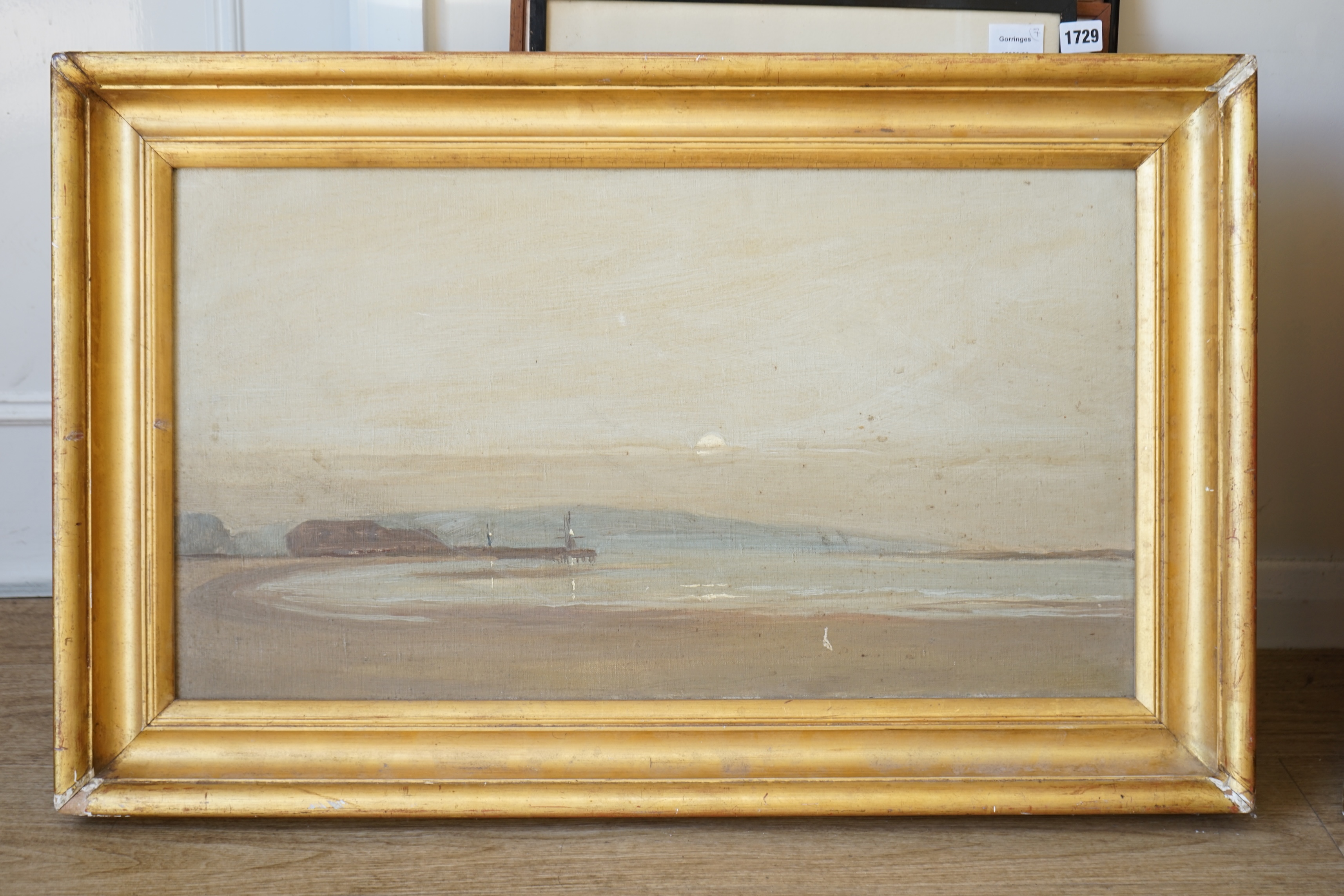 Follower of James McNeill Whistler (American, 1834-1903), oil on canvas, Coastal view, unsigned, 39 x 69cm, gilt framed. Condition - fair, would benefit from a clean